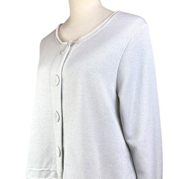 Habitat Light Gray Terry Silver Sparkle Button Raw Edge Cardigan Sweater Top - Picture 8 of 12